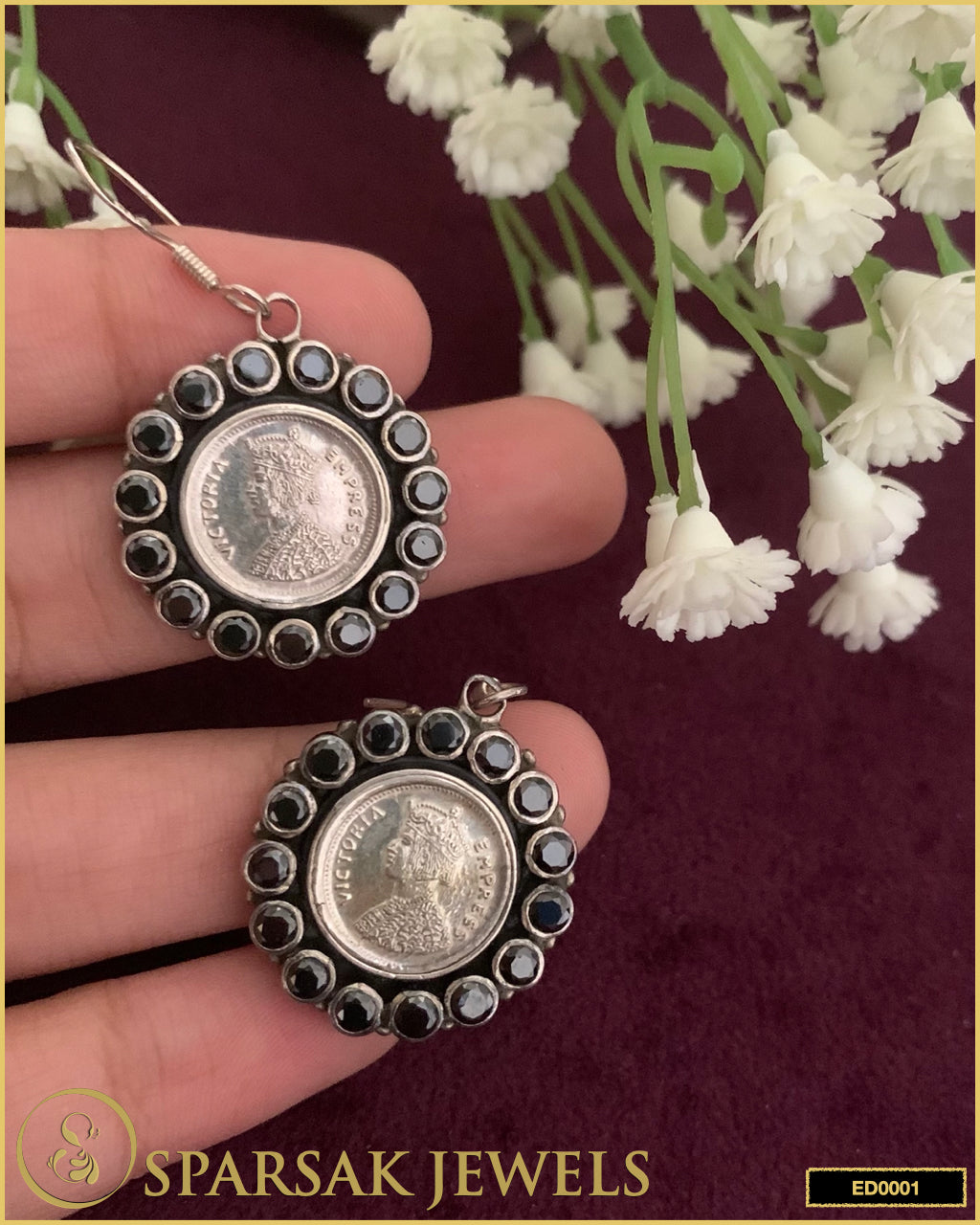 Silver Coin Danglers with Black Stone Accents - Sparsak Jewels
