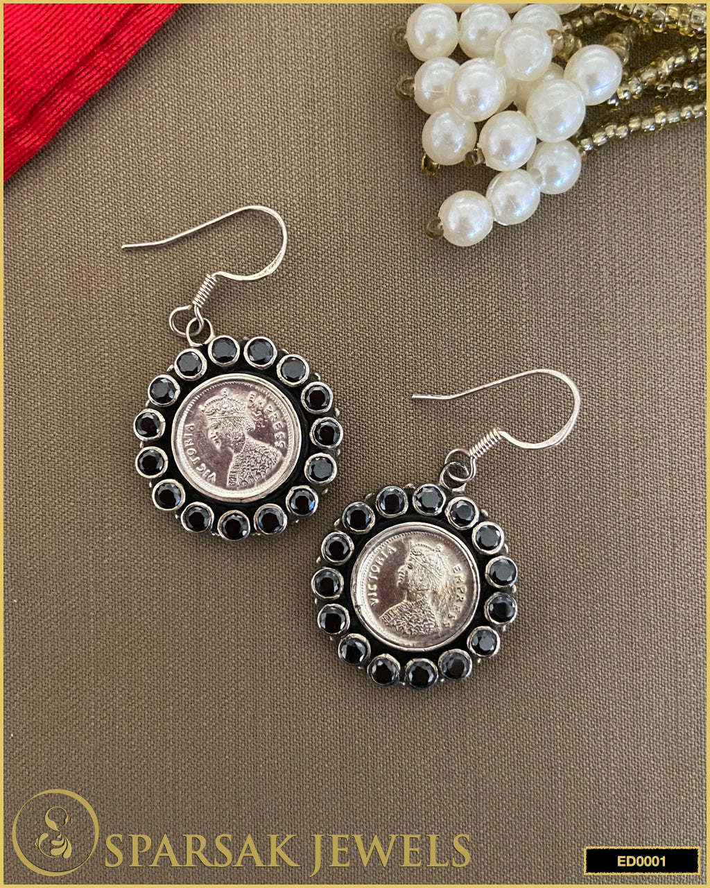 Silver Coin Danglers with Black Stone Accents - Sparsak Jewels