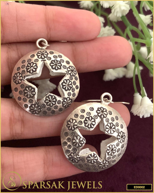 Silver Circle Danglers with Star Cut-Out and Flower Designs - Sparsak Jewels
