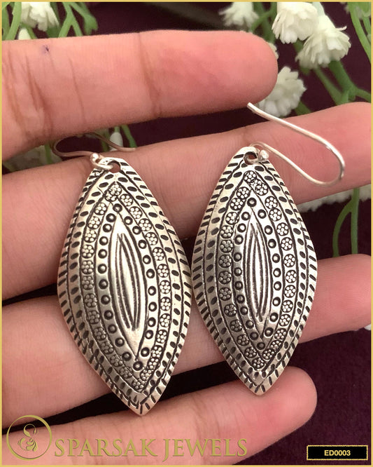 Sterling Silver Leaf Shaped Earrings with Tribal Designs - Sparsak Jewels