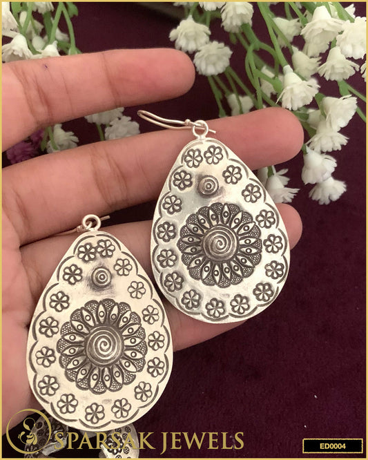 Sterling Silver Drop Shaped Earrings with Flower and Tribal Designs - Sparsak Jewels
