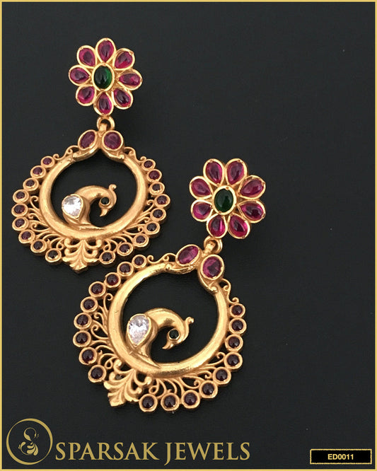 Gold Polished Peacock and Flower Temple Danglers in Sterling Silver - Sparsak Jewels