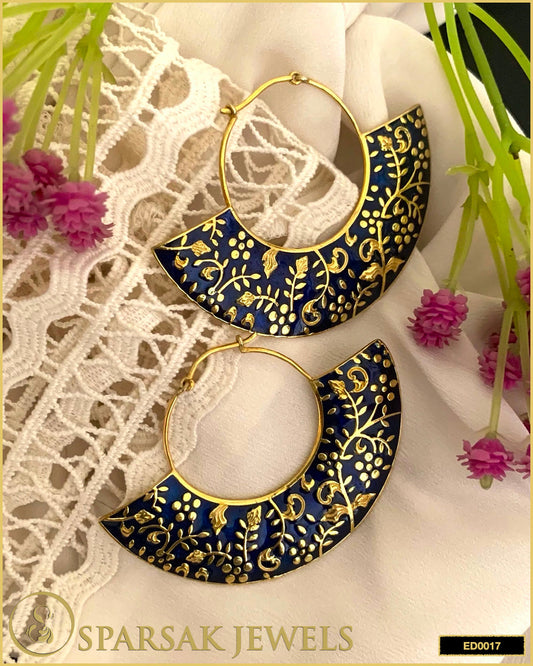 Elegant Gold Polished Blue Enamel Uchiwa Danglers in Sterling Silver - Sparsak Jewels