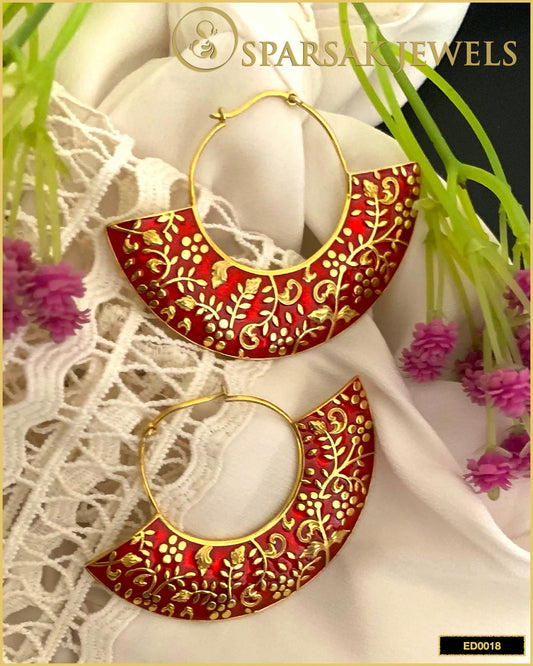 Chic Gold Polished Red Enamel Uchiwa Danglers in Sterling Silver - Sparsak Jewels