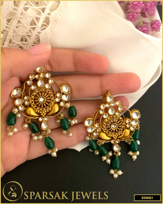 Exquisite Kundan Earrings with Emerald Beads in Sterling Silver - Sparsak Jewels