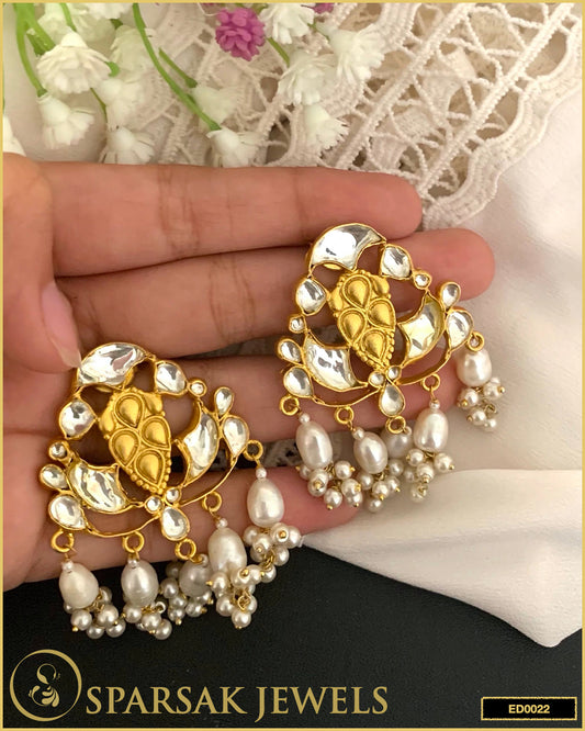 Luxurious Gold Polished Kundan Earrings with Pearl in Sterling Silver - Sparsak Jewels