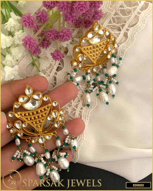 Gold Polished Kundan Earrings with Pearl in Sterling Silver - Sparsak Jewels