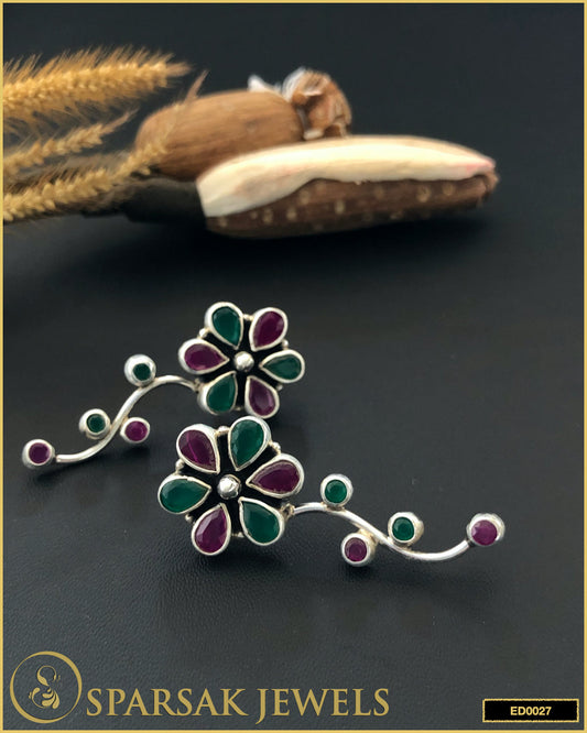 Silver Flower Danglers with Emeralds and Rubies - Sparsak Jewels