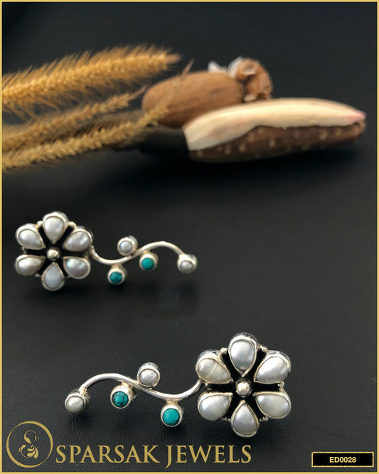 Silver Flower Danglers with Pearls and Turquoise Accents - Sparsak Jewels