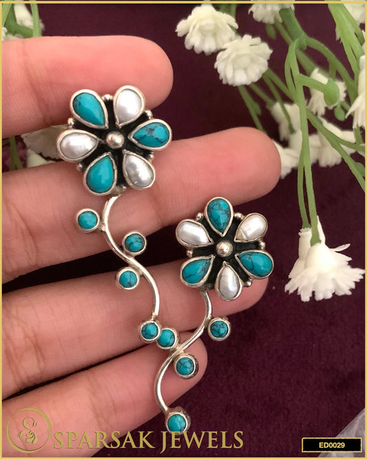 Silver Flower Danglers with Turquoise and Pearl Accents - Sparsak Jewels