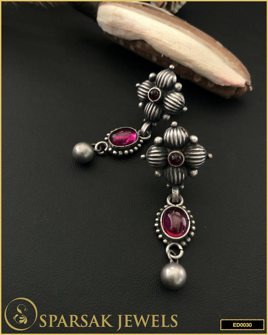 Silver Classic Temple Jewellery Earrings with Dangling Ruby - Sparsak Jewels