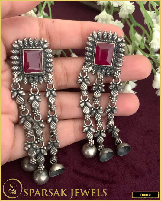 Silver Temple Jewellery Earrings with Big Ruby Stone - Sparsak Jewels