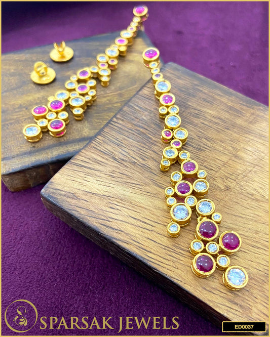 Gold Polished Classic Long Danglers with Rubies and Cubic Zirconia in Sterling Silver - Sparsak Jewels