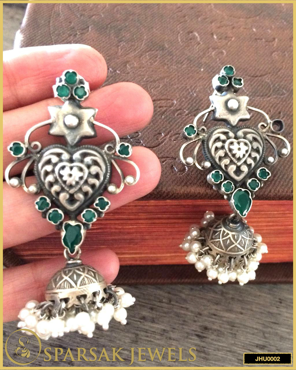 Handcrafted Silver Jhumkas with Emerald by Sparsak Jewels - Indian Ethnic Earrings