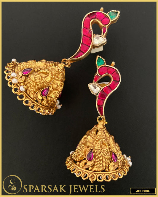 Gold Polished Kundan Peacock with Temple Peacock Jhumka - Silver Ethnic Earrings by Sparsak Jewels