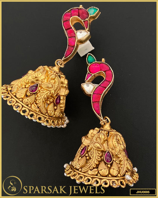 Gold Polished Kundan Peacock Jhumka - Silver Ethnic Earrings by Sparsak Jewels