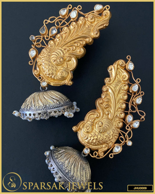 3 Tone Gold Polished Kundan Silver Jhumkas by Sparsak Jewels