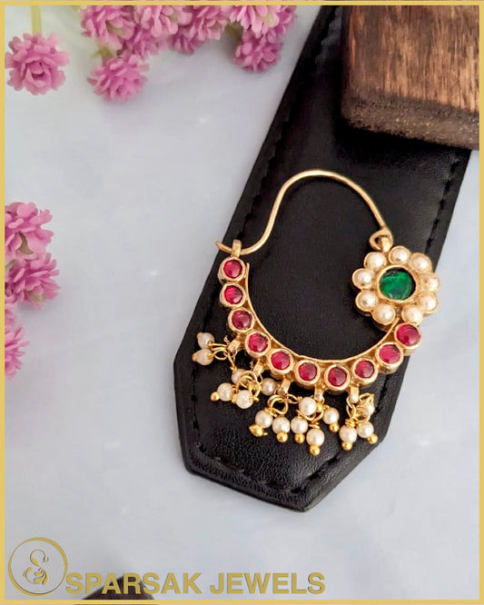 Gold Polished Kundan Nath made in silver by Sparsak Jewels