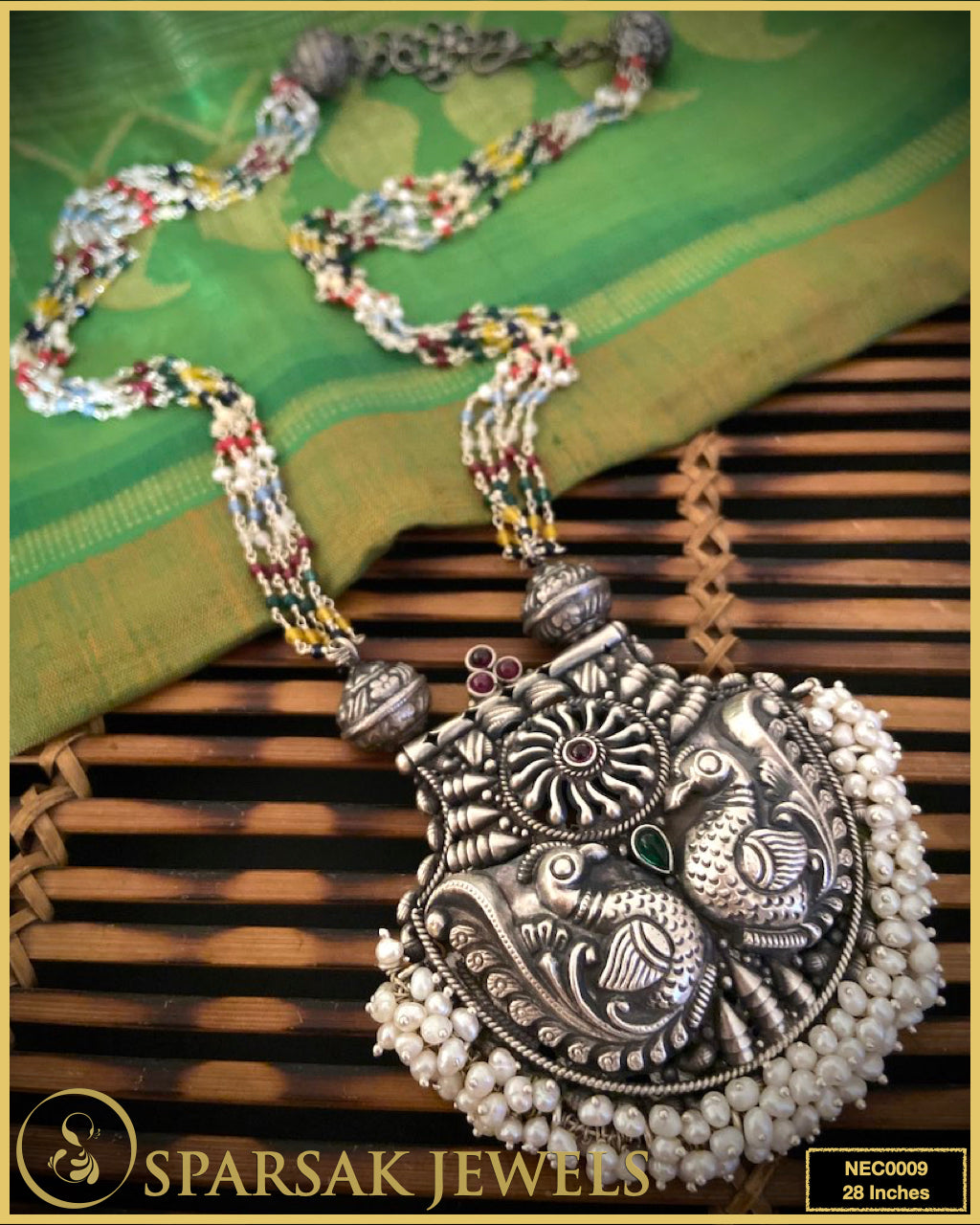 Handcrafted Temple Design Long Navratan Chain Peacock Pendant in Silver by Sparsak Jewels