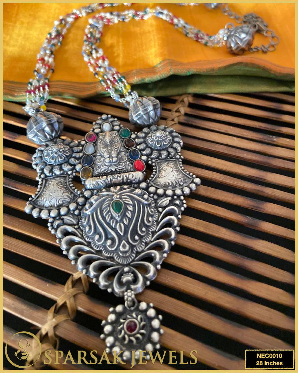 Handcrafted Temple Design Long Navratan Chain Venkateshwara Pendant in Silver by Sparsak Jewels