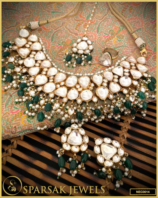 Handcrafted Kundan Necklace in Silver with Cubic Zirconia and Emerald Stones by Sparsak Jewels