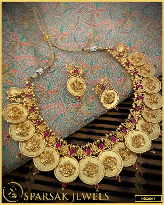 Gold Polished Handcrafted Laxmi Ji Embossed Temple Jewellery Coin Necklace in Silver with Cubic Zirconia and Kemp Stones by Sparsak Jewels