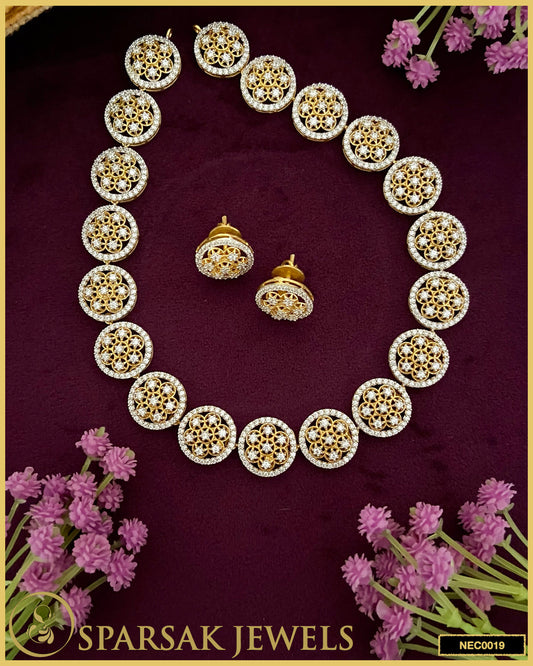 Gold & Rhodium Polished Handcrafted Flower Necklace Set in Silver with Cubic Zirconia by Sparsak Jewels