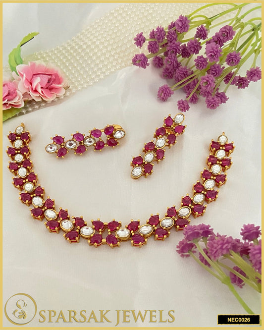 Gold Polished Kundan Single Line Necklace Set in Silver with Cubic Zirconia & Ruby by Sparsak Jewels