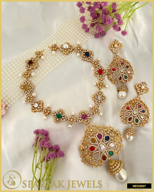 Gold Polished Handcrafted Navratan Temple Jewellery Necklace Set in Silver with Cubic Zirconia & Gemstones by Sparsak Jewels