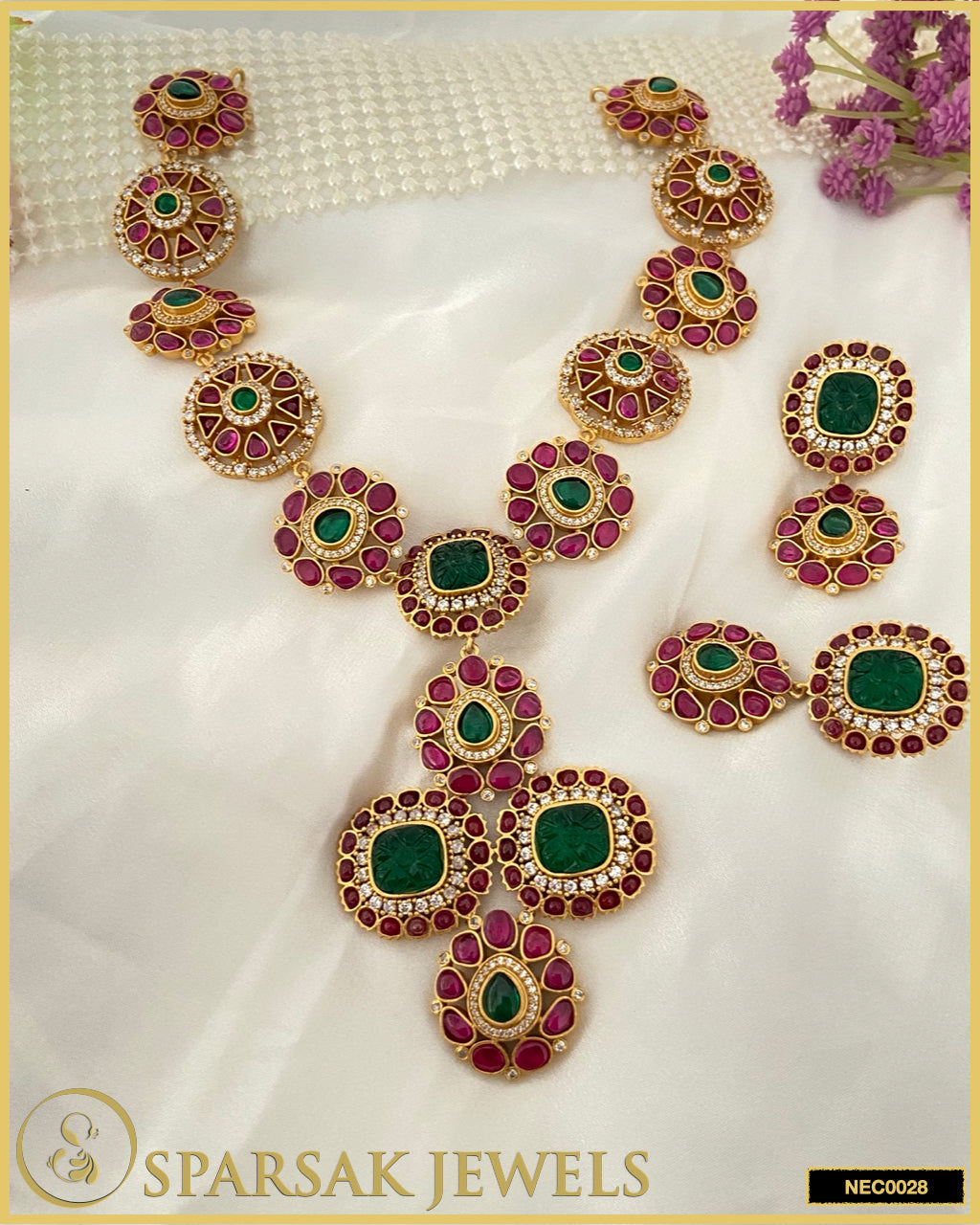 Gold Polished Kundan Necklace Set in Silver with Cubic Zirconia, Ruby, Emerald, and Carved Gemstones by Sparsak Jewels