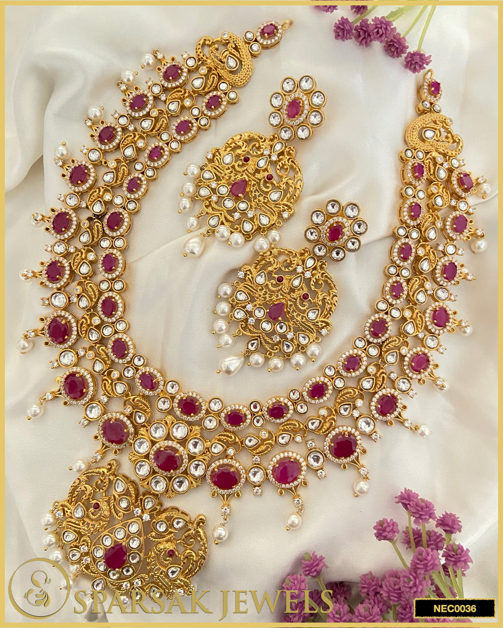 Gold Polished Handcrafted Kundan Necklace Set in Silver with Cubic Zirconia & Ruby by Sparsak Jewels