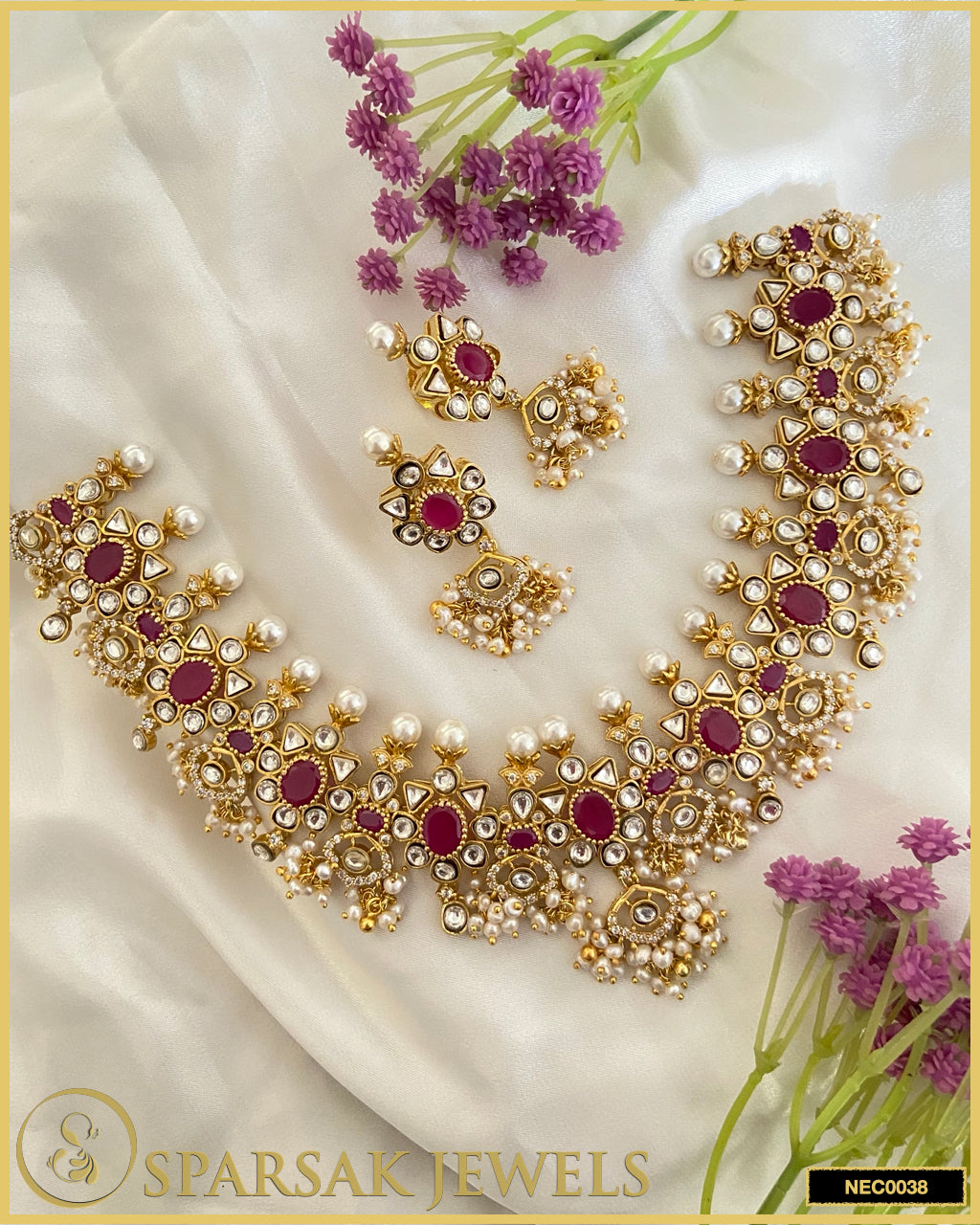 Gold Polished Handcrafted Kundan Guttapusalu Necklace Set in Silver with Cubic Zirconia & Ruby by Sparsak Jewels