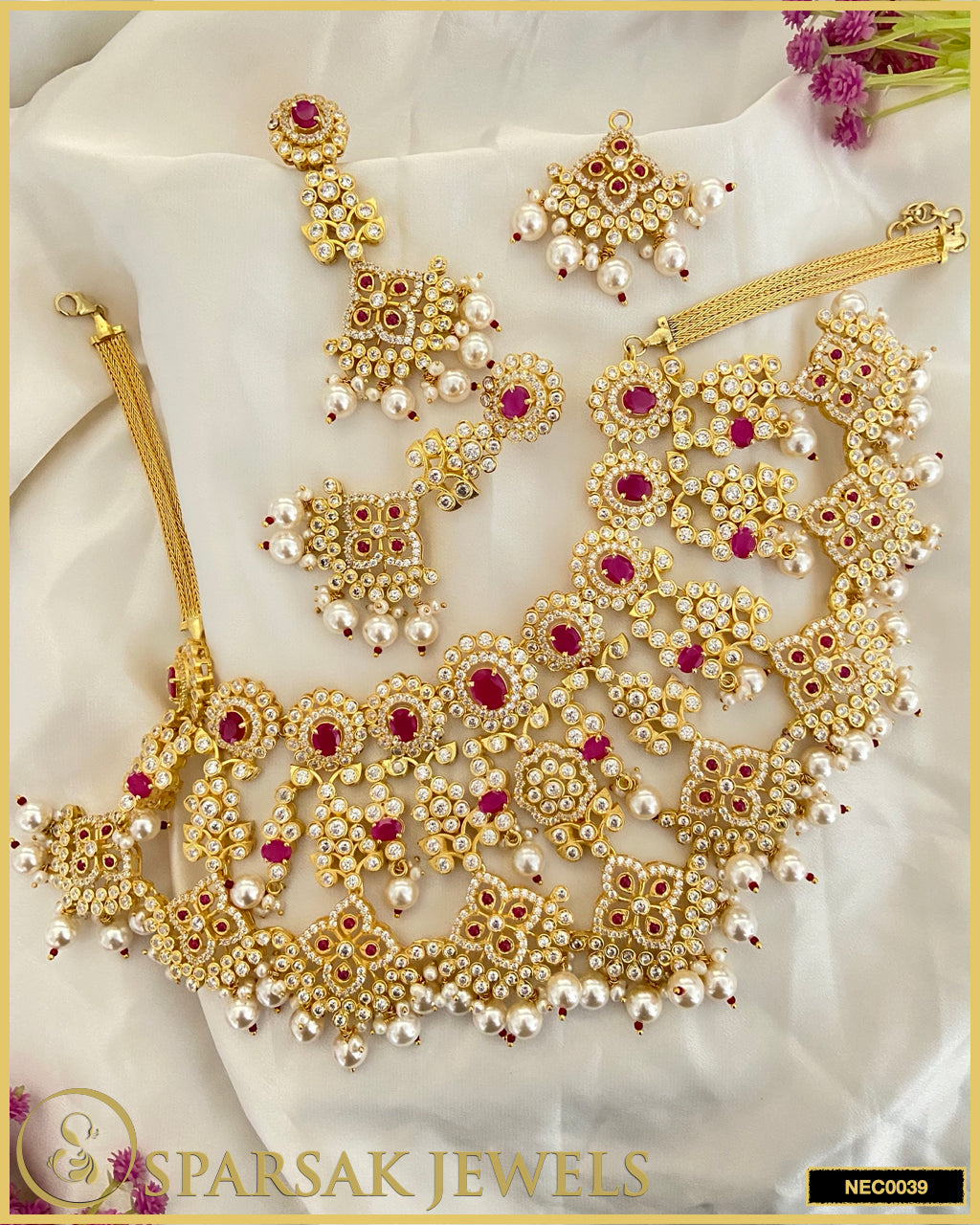 Gold Polished Handcrafted Bridal Necklace Set in Silver with Cubic Zirconia & Ruby by Sparsak Jewels