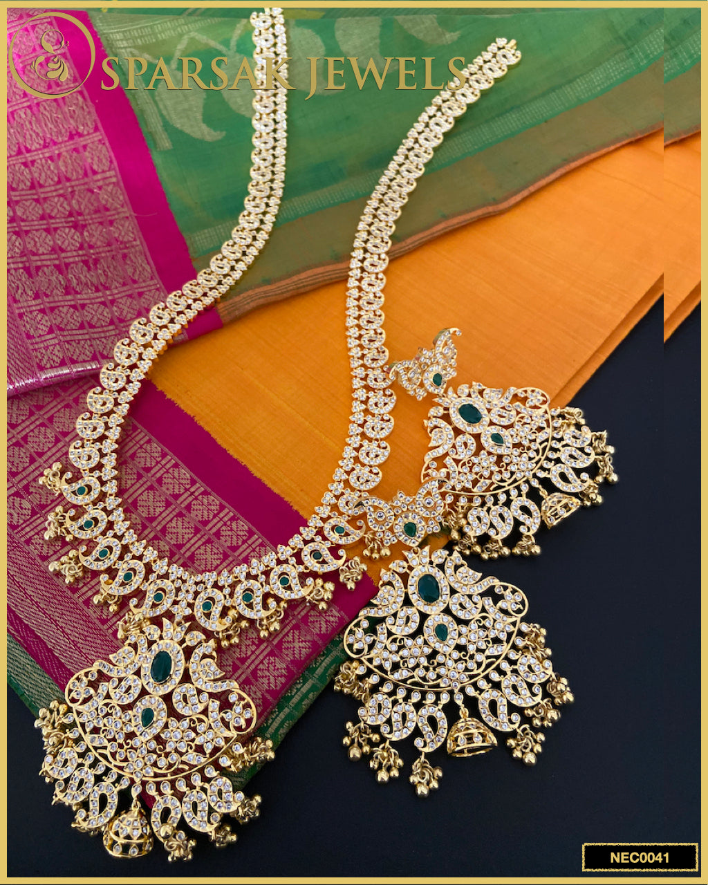 Gold Polished Handcrafted Mango Motif Long Temple Jewellery Necklace Set in Silver with Cubic Zirconia & Emerald by Sparsak Jewels