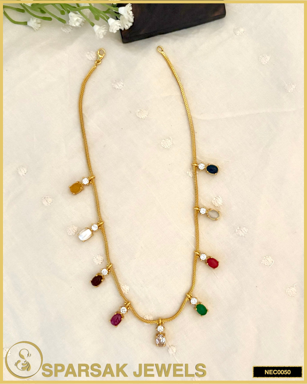 Gold Polished Single Line Navratan Necklace Set in Silver with Cubic Zirconia and Gemstones by Sparsak Jewels (Copy)