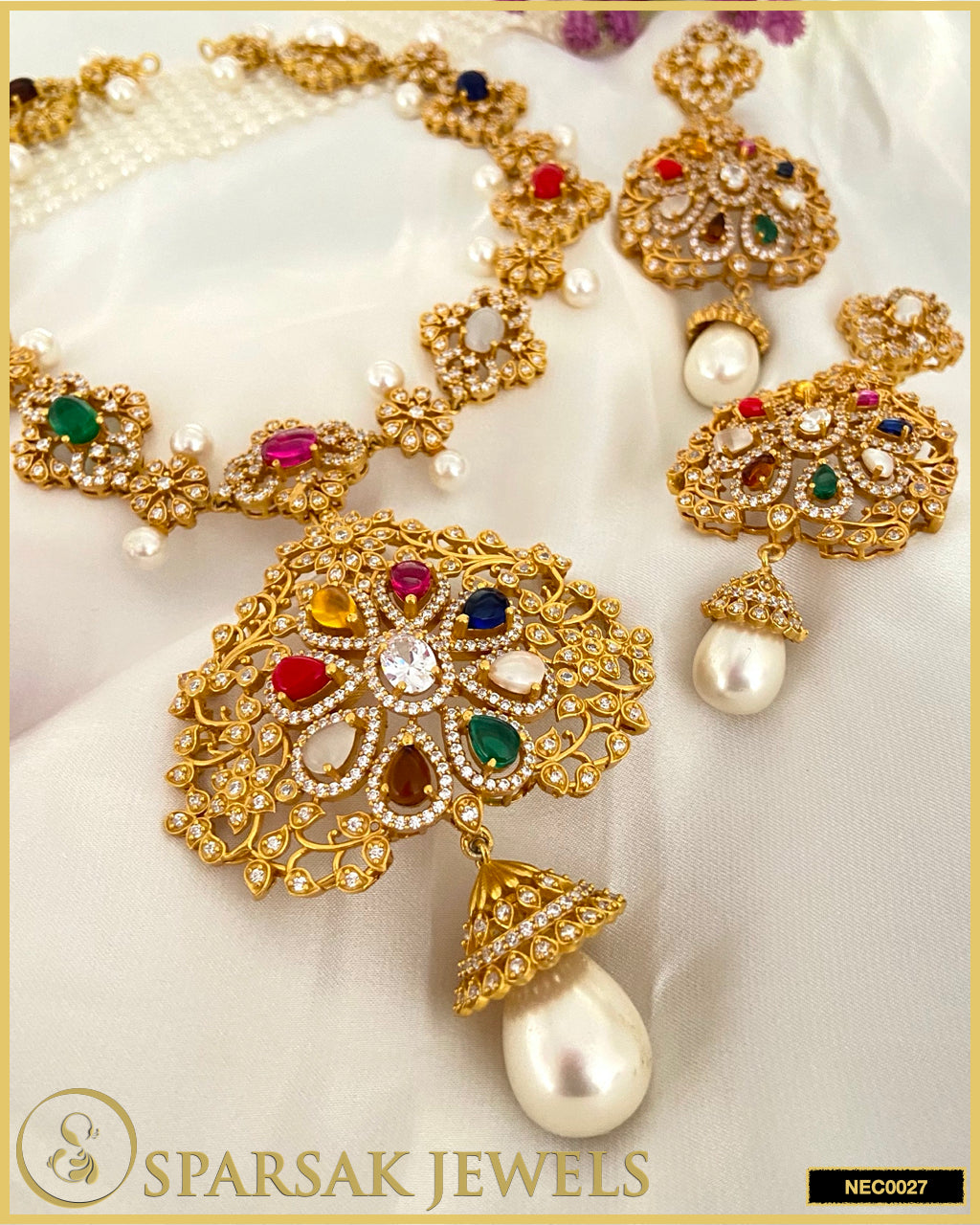 Gold Polished Handcrafted Navratan Temple Jewellery Necklace Set in Silver with Cubic Zirconia & Gemstones by Sparsak Jewels