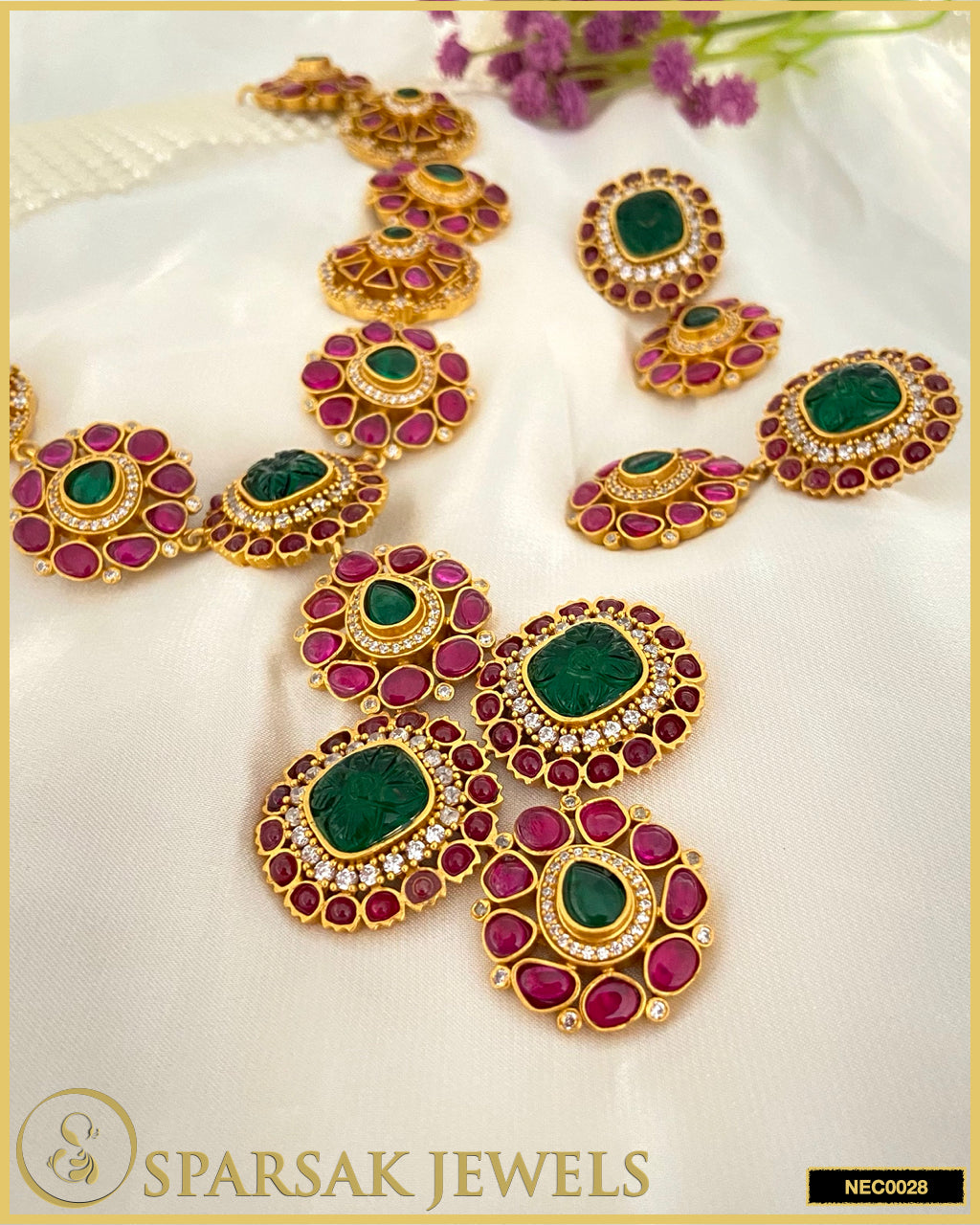 Gold Polished Kundan Necklace Set in Silver with Cubic Zirconia, Ruby, Emerald, and Carved Gemstones by Sparsak Jewels
