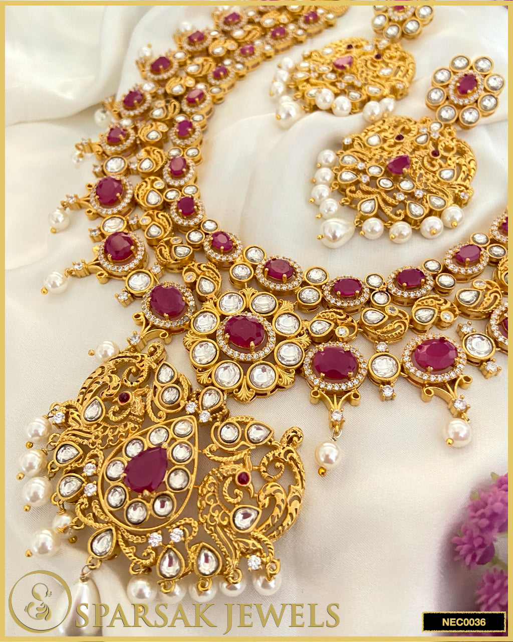 Gold Polished Handcrafted Kundan Necklace Set in Silver with Cubic Zirconia & Ruby by Sparsak Jewels