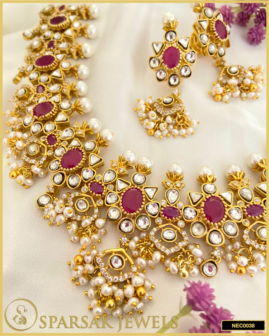 Gold Polished Handcrafted Kundan Guttapusalu Necklace Set in Silver with Cubic Zirconia & Ruby by Sparsak Jewels