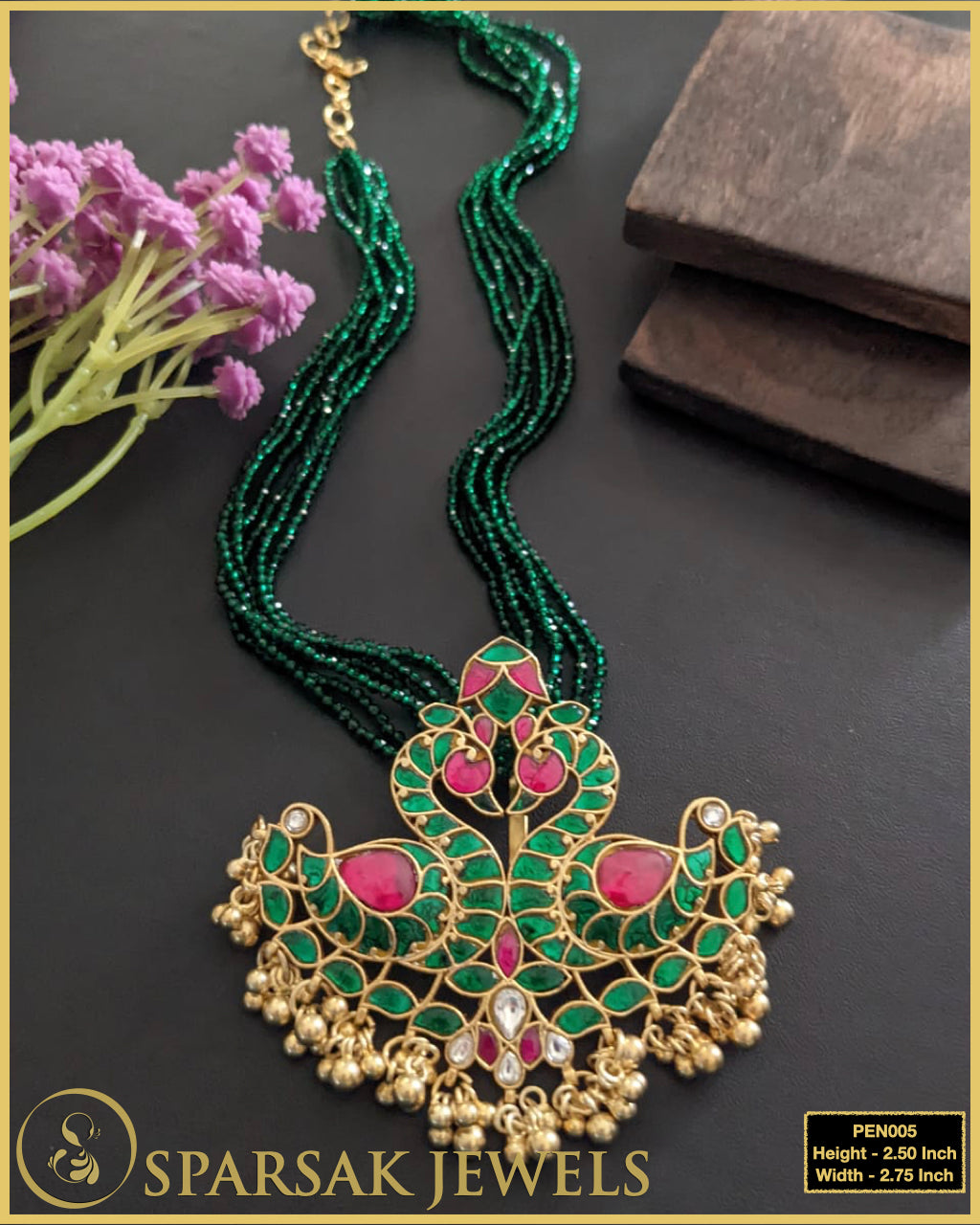 Symbol of Love - Gold Polished Kundan 2 Swan Pendant with Emerald Bead Chain by Sparsak Jewels