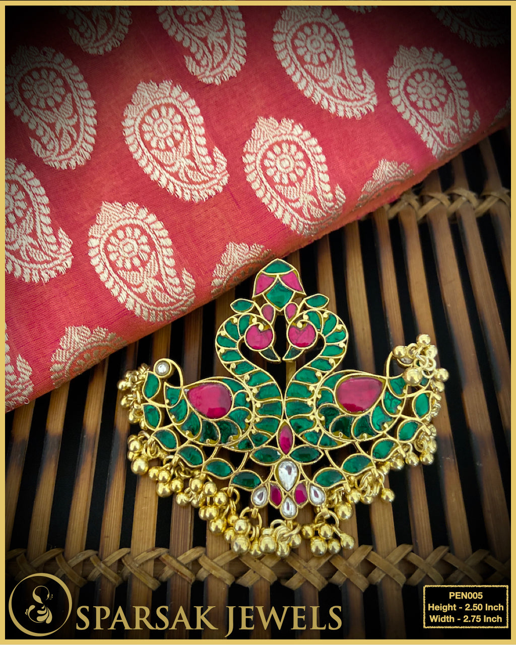 Romantic Gold Polished Kundan 2 Swan Pendant with Emerald Bead Chain by Sparsak Jewels