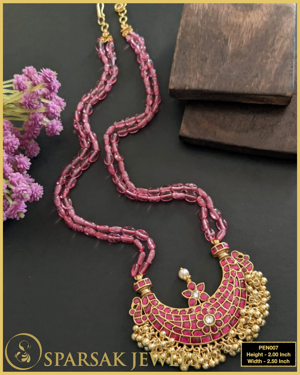 Gold Polished Chand Pendant with Ruby Bead Chain by Sparsak Jewels