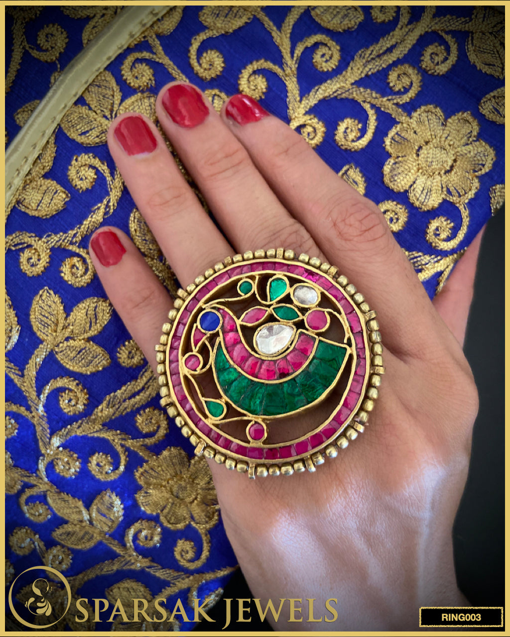 Silver Kundan Oversized Peacock Ring - Exquisite statement jewelry featuring peacock design and Kundan stones