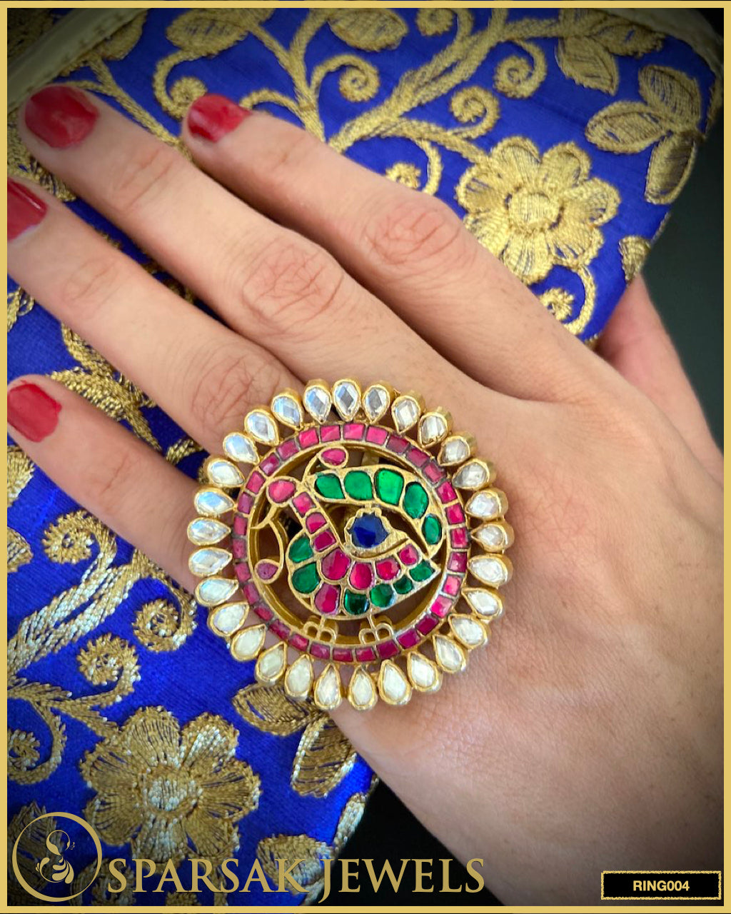 Silver Kundan Oversized Peacock Ring - Exquisite statement jewelry featuring peacock design and Kundan stones