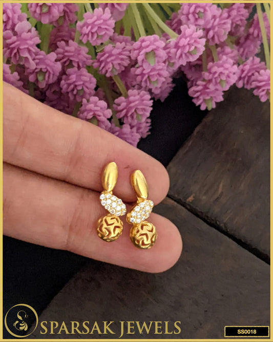 Gold-polished silver earrings studs with minimalist design on white background.