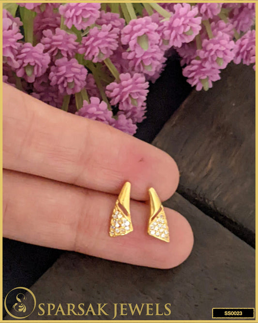 Gold-polished silver earrings studs with classic design on white background.