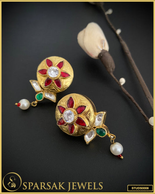 Handcrafted Gold Polished Kundan Flower Silver Studs - Exquisite Elegance by Sparsak Jewels