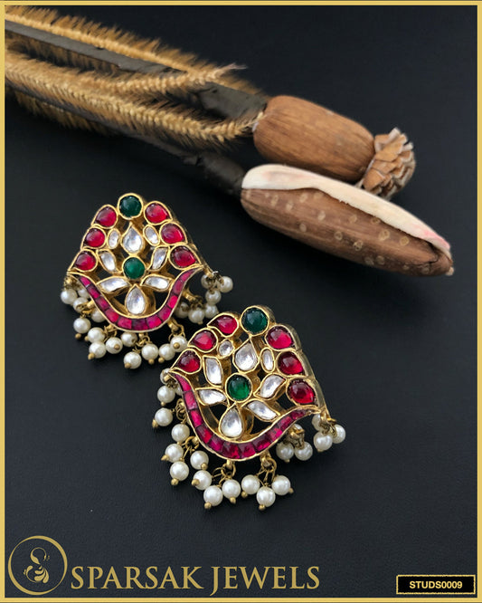 Handcrafted Gold Polished Kundan Traditional Silver Studs - Timeless Elegance by Sparsak Jewels