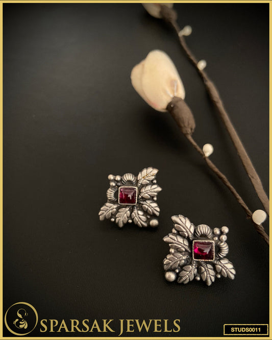 Intricately Detailed Temple Jewellery Flower Silver Studs - Exquisite Craftsmanship by Sparsak Jewels