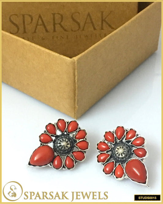 Handcrafted Coral Silver Studs - Vibrant Elegance by Sparsak Jewels